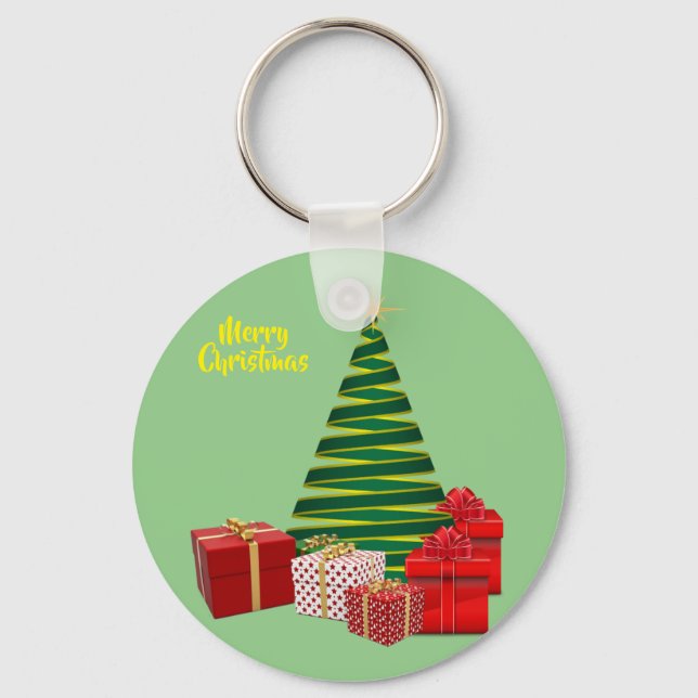 Merry Christmas ~ Tree with Gifts Key Ring (Front)