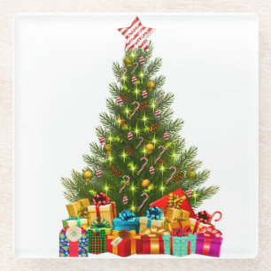 Merry Christmas Tree with Star Presents Holiday Glass Coaster