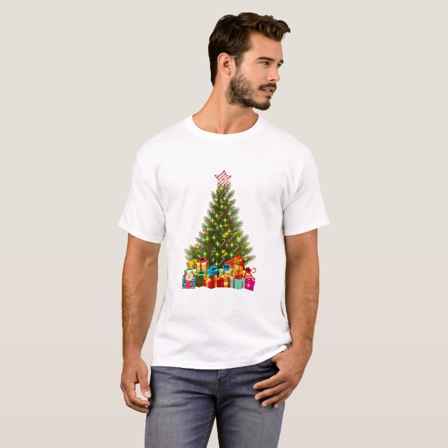 Merry Christmas Tree with Star Presents Holiday T-Shirt (Front Full)