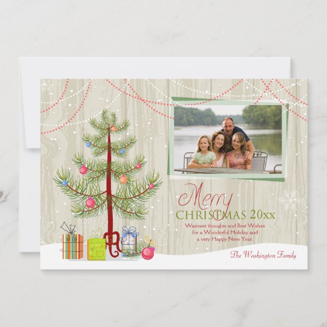 Merry Christmas tree wood plank holiday photo card (Front)
