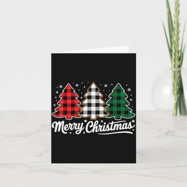 Merry Christmas Tree Xmas Buffalo Plaid Red White  Card (Front)