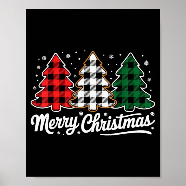 Merry Christmas Tree Xmas Buffalo Plaid Red White  Poster (Front)