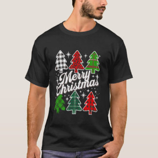 Merry Christmas Tree Xmas Buffalo Plaid Red White  T-Shirt