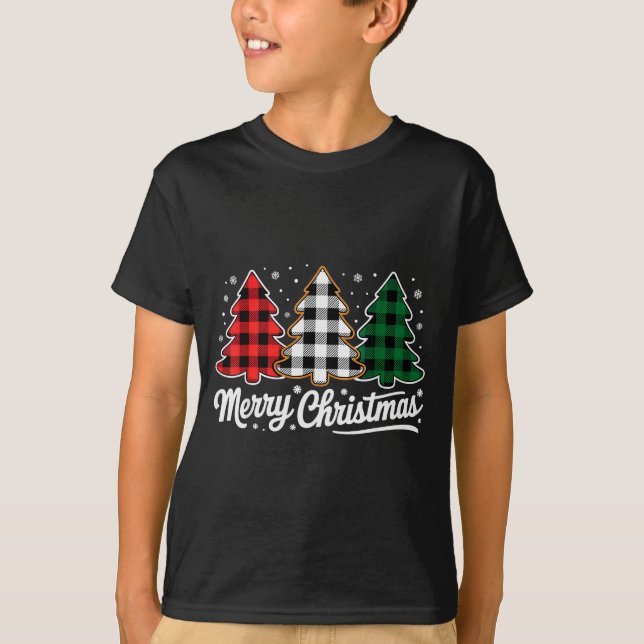 Merry Christmas Tree Xmas Buffalo Plaid Red White  T-Shirt (Front)