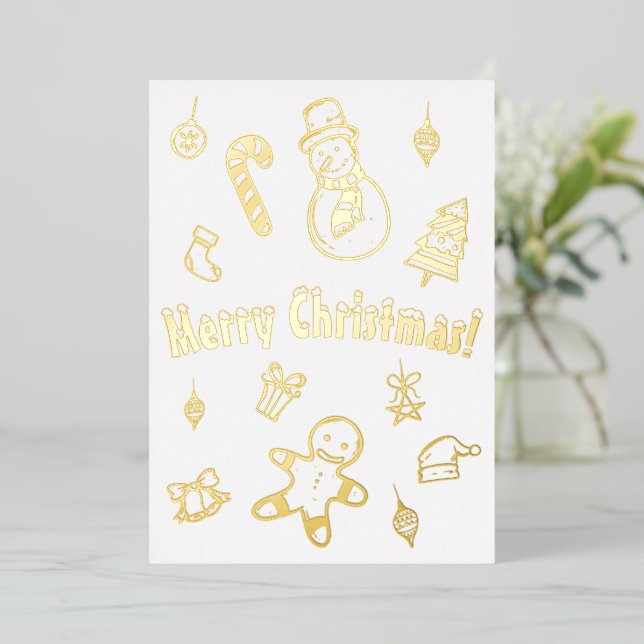 Merry Christmas Tree Xmas Snowman Candy Cane Bells Foil Holiday Card (Standing Front)