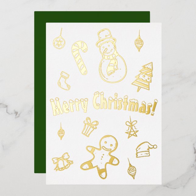 Merry Christmas Tree Xmas Snowman Candy Cane Bells Foil Holiday Card (Front/Back)