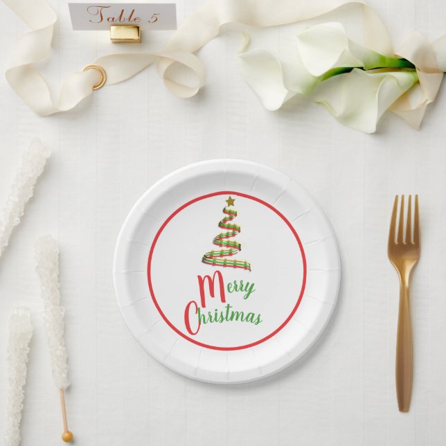Merry Christmas TreeRed, Green, Gold Art Holiday Paper Plate (Wedding)