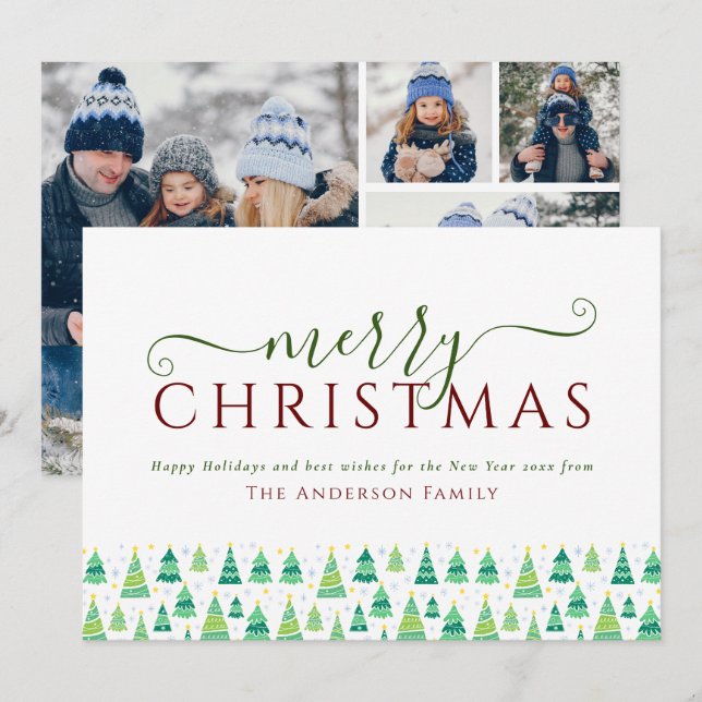 Merry Christmas Trees 4 Photo Family Holiday Card (Front/Back)