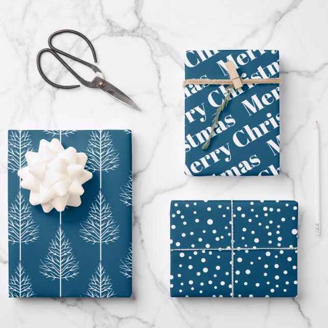Merry Christmas, trees and polka dots holiday blue Wrapping Paper Sheet (Front)