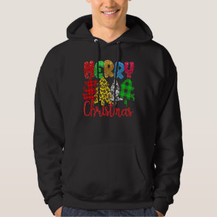 Merry Christmas Trees Buffalo Plaid Glitter Leopar Hoodie
