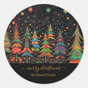Merry Christmas Trees colourful Classic Round Sticker