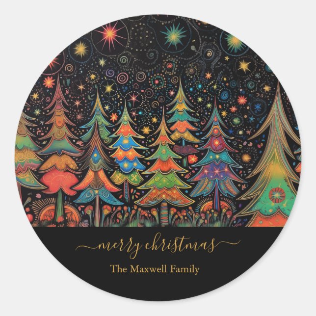 Merry Christmas Trees colourful Classic Round Sticker (Front)