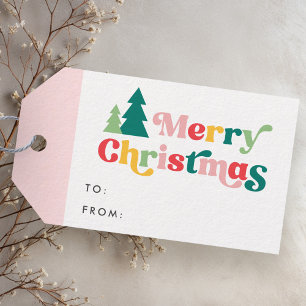 Merry Christmas trees colourful retro font to from Gift Tags