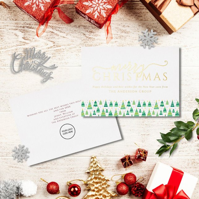 Merry Christmas Trees Corporate Business Logo Gold Foil Holiday Card (Creator Uploaded)