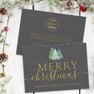 Merry Christmas Trees Corporate Logo Gold Script Holiday Card