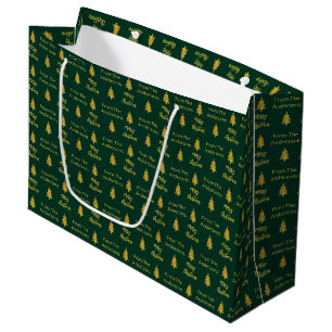 Merry Christmas Trees Dark Green and Gold Name Large Gift Bag