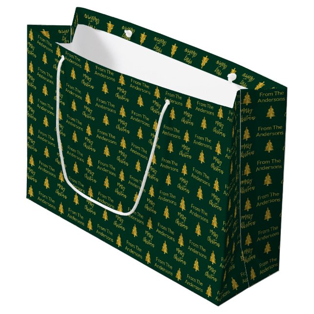 Merry Christmas Trees Dark Green and Gold Name Large Gift Bag (Front Angled)