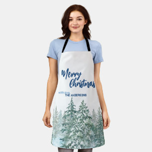 Merry Christmas trees forest Watercolor script Apron