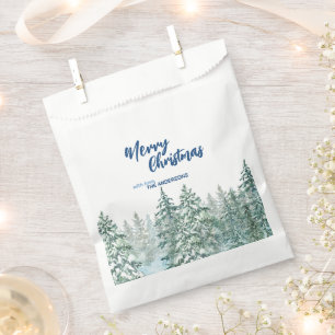 Merry Christmas trees forest Watercolor script Favour Bags