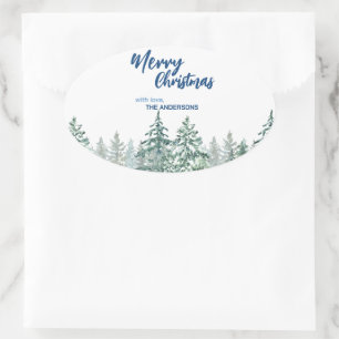 Merry Christmas trees forest Watercolor script Oval Sticker