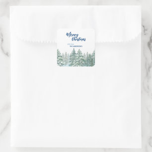 Merry Christmas trees forest Watercolor script Square Sticker