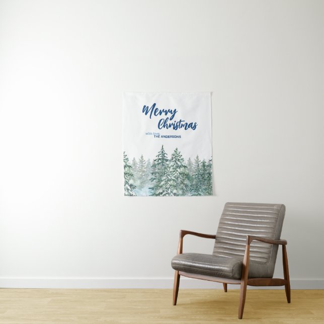 Merry Christmas trees forest Watercolor script Tapestry (In Situ)