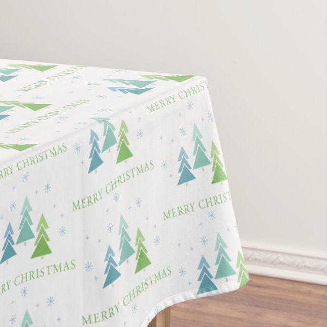 Merry Christmas Trees Green and Teal Holiday Tablecloth (In Situ)
