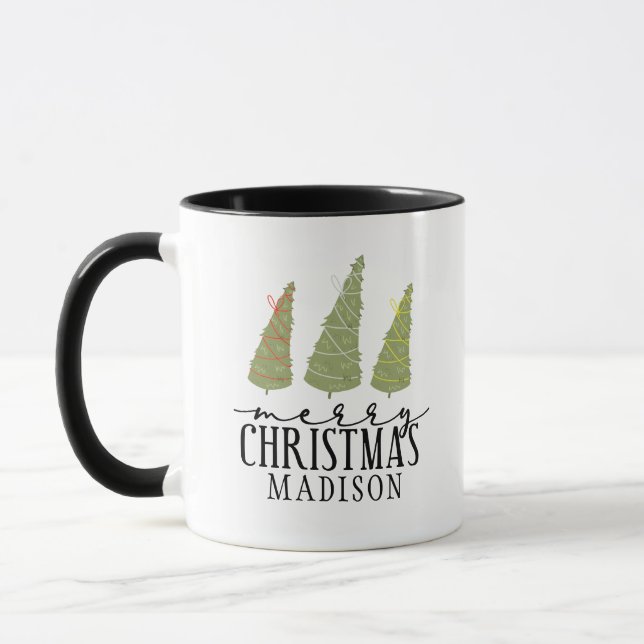 Merry Christmas Trees Modern Script Holidays Mug (Left)
