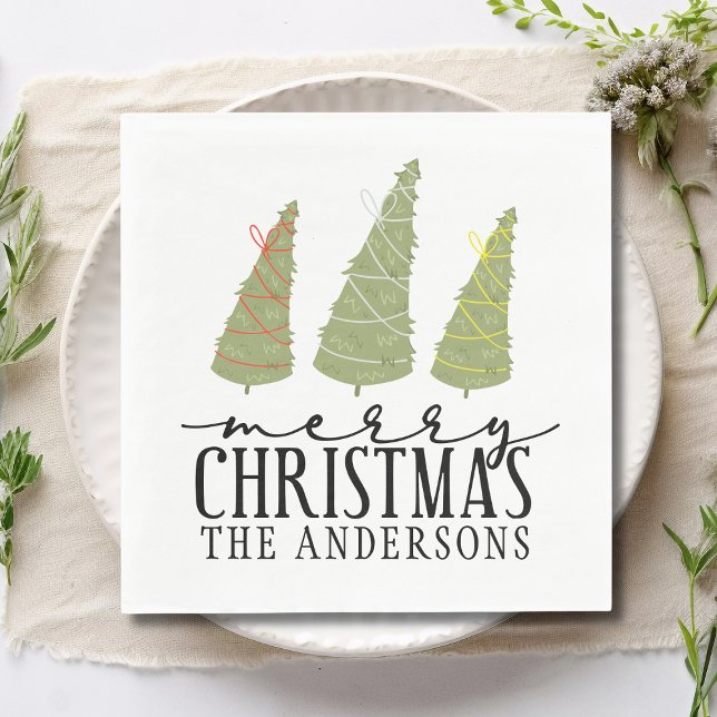 Merry Christmas Trees Modern Script Holidays Napkin (Creator Uploaded)
