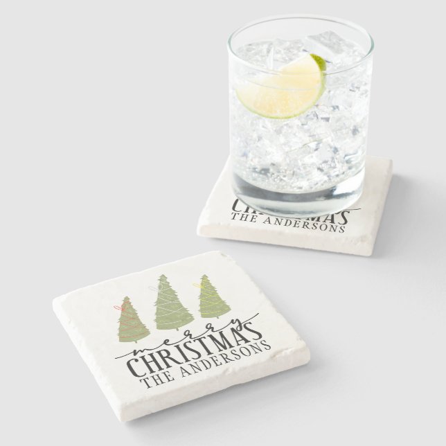Merry Christmas Trees Modern Script Holidays Stone Coaster (Side)