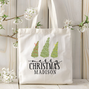 Merry Christmas Trees Modern Script Holidays Tote Bag