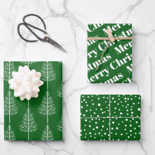 Merry Christmas, trees, polka dots green holiday Wrapping Paper Sheet