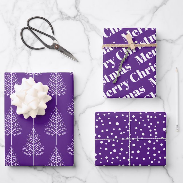 Merry Christmas, trees, polka dots purple holiday Wrapping Paper Sheet (Front)