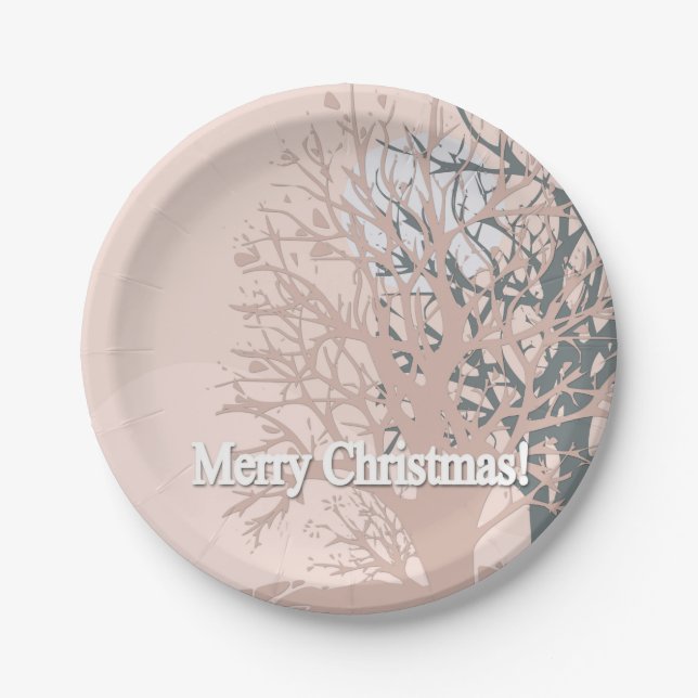 Merry Christmas trees silhouette in blush pink bei Paper Plate (Front)