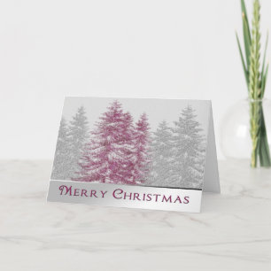 MERRY CHRISTMAS - TREES-SNOW-PINK-SILVER/GRAY HOLIDAY CARD