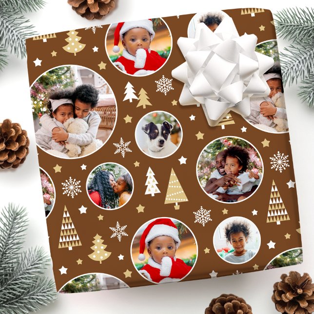 Merry Christmas Trees Snowflakes Photo Brown Wrapping Paper (Creator Uploaded)