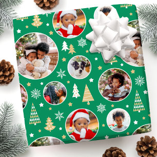 Merry Christmas Trees Snowflakes Photo Mid Green Wrapping Paper