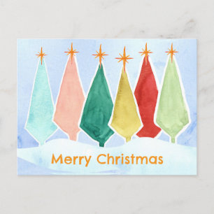 Merry Christmas Trees Star Snow Watercolor Holiday Postcard