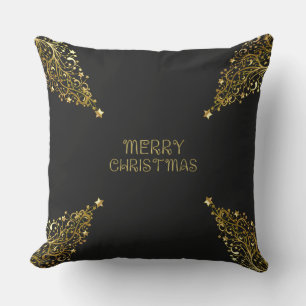 Merry Christmas Trees Stars Black Gold Shiny Chic Cushion