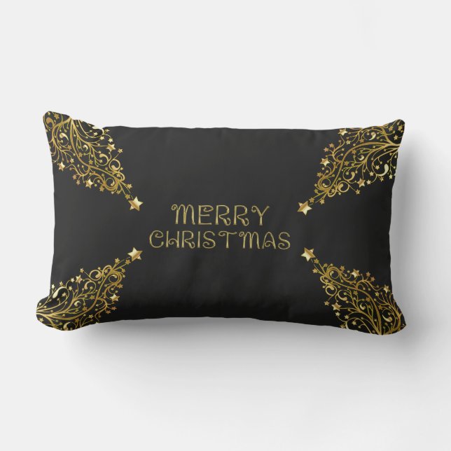 Merry Christmas Trees Stars Black Gold Shiny Chic Lumbar Cushion (Front)