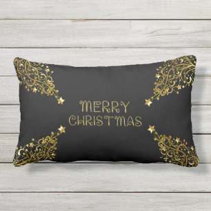 Merry Christmas Trees Stars Black Gold Shiny Chic Lumbar Cushion