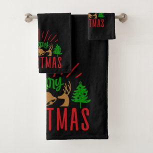 Merry Christmas Trees Text On Black Bath Towel Set
