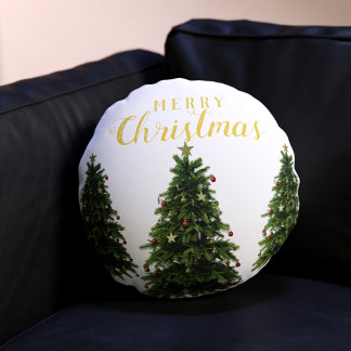 Merry Christmas Trees Winter White Round Pillow