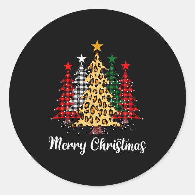 Merry Christmas Trees With Buffalo Plaid &amp; Leo Classic Round Sticker (Front)