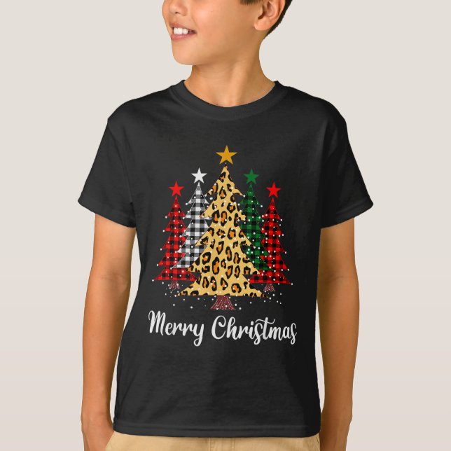 Merry Christmas Trees With Buffalo Plaid &amp; Leo T-Shirt (Front)