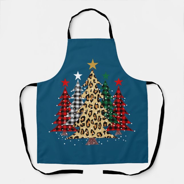 Merry Christmas Trees with Buffalo Plaid & Leopard Apron (Front)