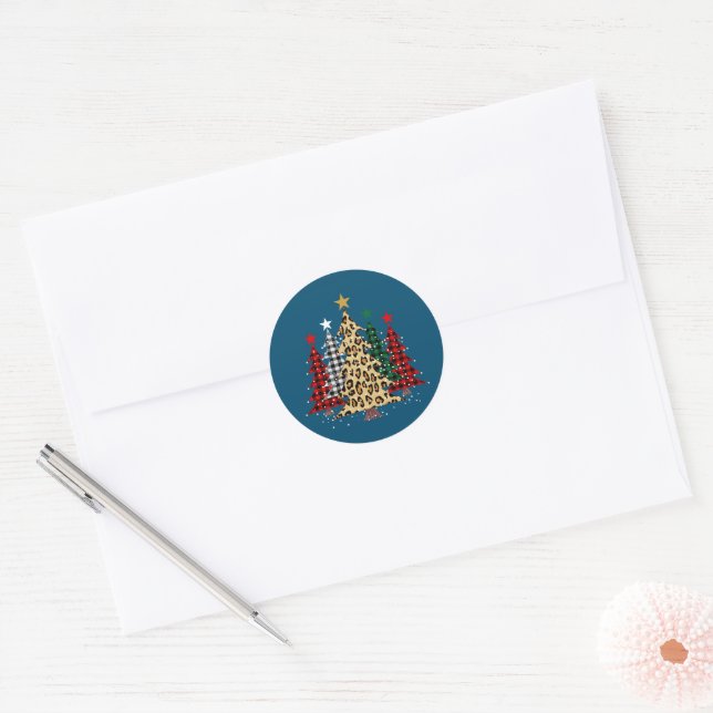 Merry Christmas Trees with Buffalo Plaid & Leopard Classic Round Sticker (Envelope)