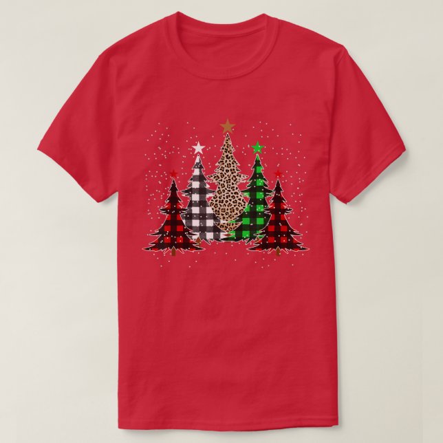 Merry Christmas Trees With Buffalo Plaid Leopard D T-Shirt (Design Front)