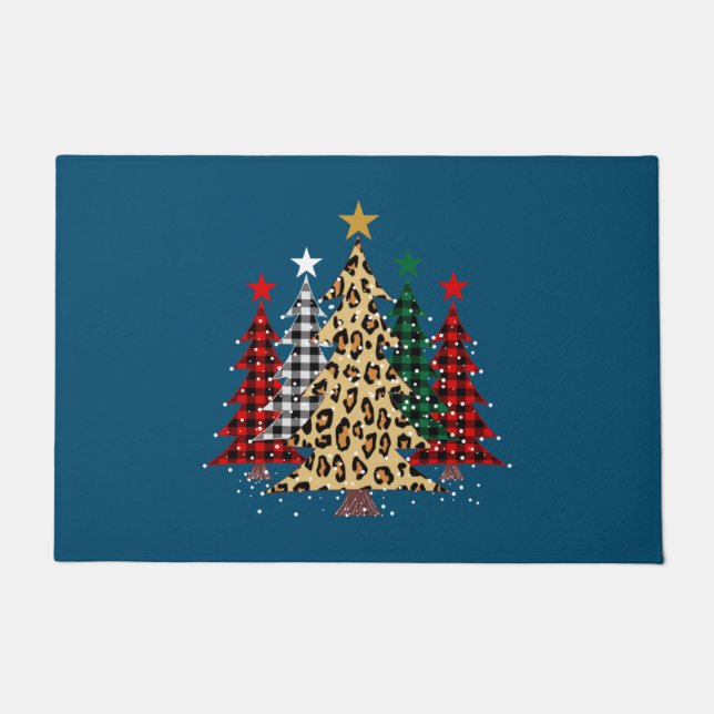 Merry Christmas Trees with Buffalo Plaid & Leopard Doormat (Front)