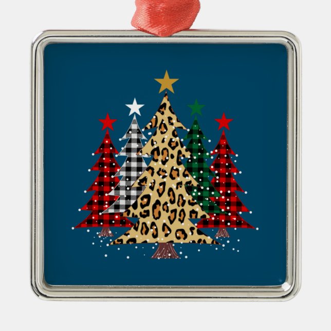 Merry Christmas Trees with Buffalo Plaid & Leopard Metal Tree Decoration (Front)